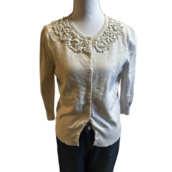 Lord & Taylor Sweaters - Lord & Taylor Cream Knit Sweater with Beaded Collar size medium